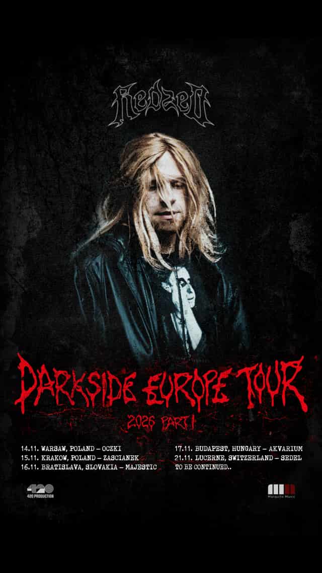 Redzed — Darkside Europe Tour 2026 Part I — official poster with dates: Warsaw 14.11., Krakow 15.11., Bratislava 16.11., Budapest 17.11., Lucerne 21.11.